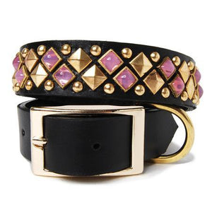 Gold and Pink Pyramids and Studs on Black Leather Dog Collar