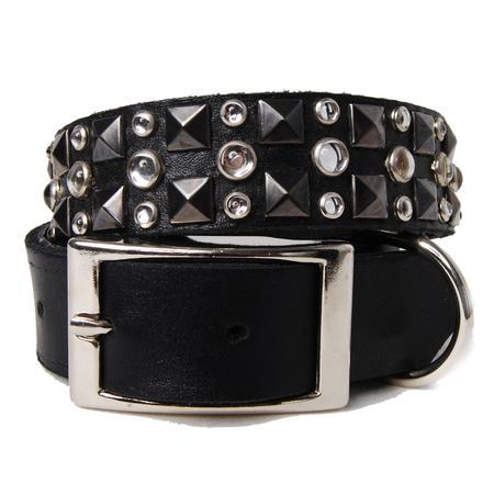 Metal Pyramids and Clear Stones on Black Leather Dog Collar