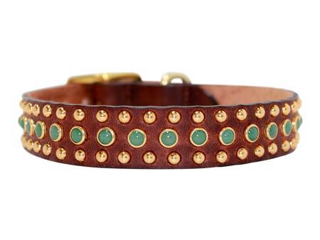 Turquoise Cabs and Gold Studs on Brown Leather Dog Collar