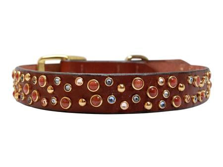 Goldstone Cabs and Mixed Crystals on Brown Leather Medium Dog Collar
