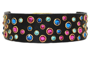 Blue and Pink Crystals on Black Leather Large Dog Collar