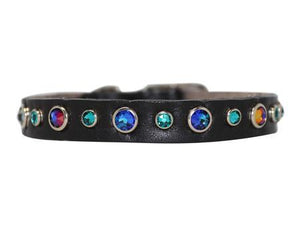 Meridian Blue Crystals on Black Leather Small Dog Collar