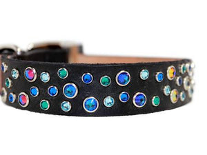 Meridian Blue Crystals on Black Leather Large Dog Collar