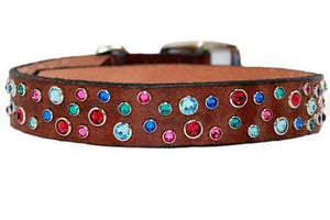 Rainbow Confetti Crystals on Brown Leather Medium Dog Collar