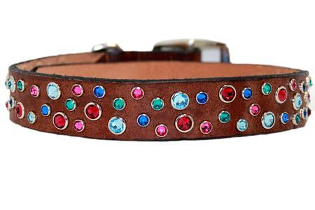 Rainbow Confetti Crystals on Brown Leather Large Dog Collar