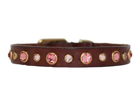Rose Peach Crystals on Brown Leather Small Dog Collar
