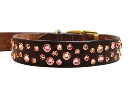 Rose Peach Crystals on Brown Leather Medium Dog Collar