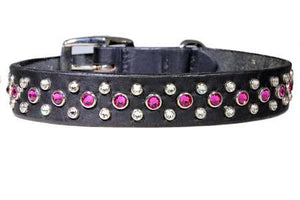 Fuchsia and Clear Crystals on Black Leather Large Dog Collar
