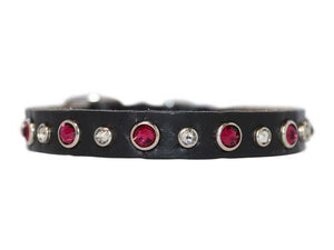 Ruby and Clear Crystals on Black Leather Small Dog Collar