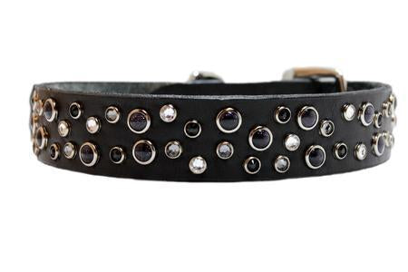 Blue and Grey Crystals on Black Leather Large Dog Collar