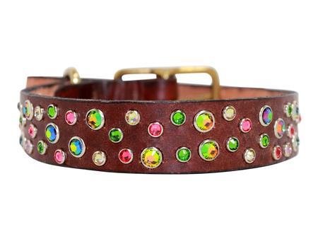 Vitrail Crystals on Brown Leather Large Dog Collar